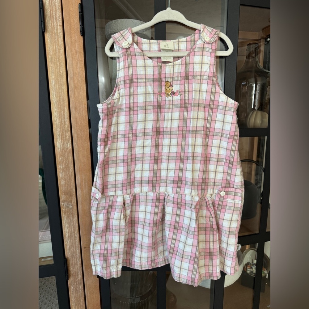 Vintage 90s Winnie The Pooh dress embroidered classic plaid pinafore toddler
